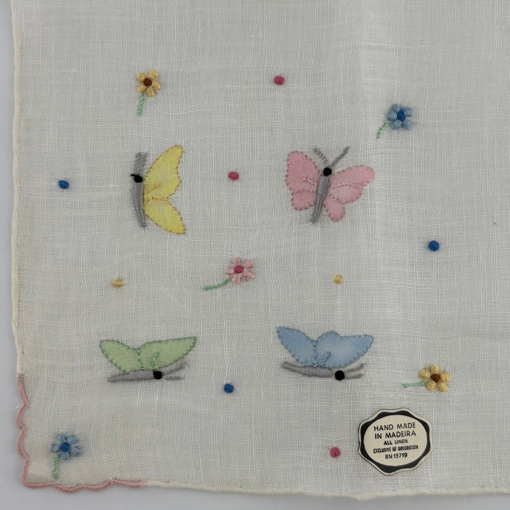 Handmade Madeira Linen Handkerchief Embroidered Butterflies Flowers Pink Trim
